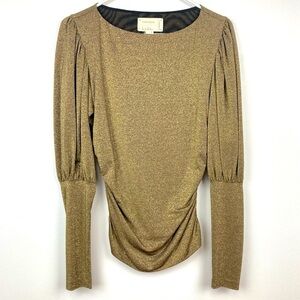 NICOLE MILLER Gold Metallic Blouson Sleeve Top